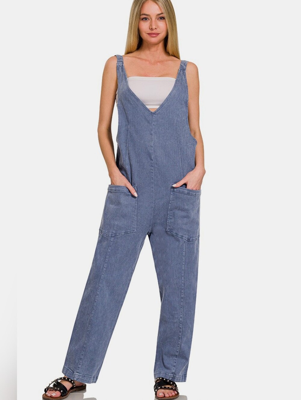 Zenana Pocketed Wide Strap Cotton Jumpsuit, Size Large